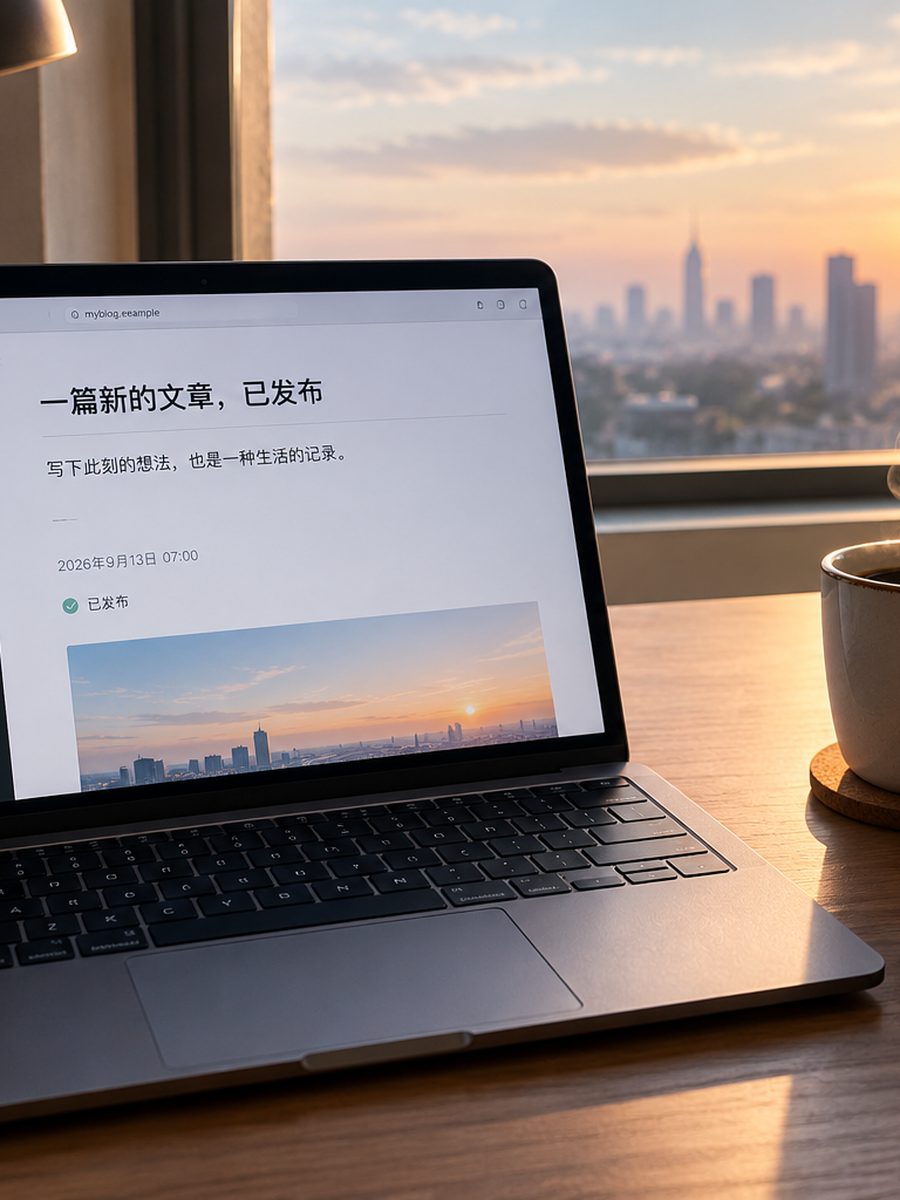 清晨的书桌：屏幕上是一篇已发布的文章，咖啡还热